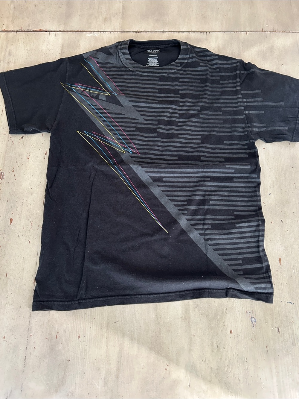 Tony Hawk Y2K black  Graphic Tee with Gray Stripes and colorful lightning bolt